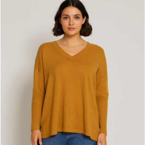 J. Jill SZ L Relaxed V Neck Pullover Wool Silk Blend Sweater Gold Melange - Picture 1 of 8